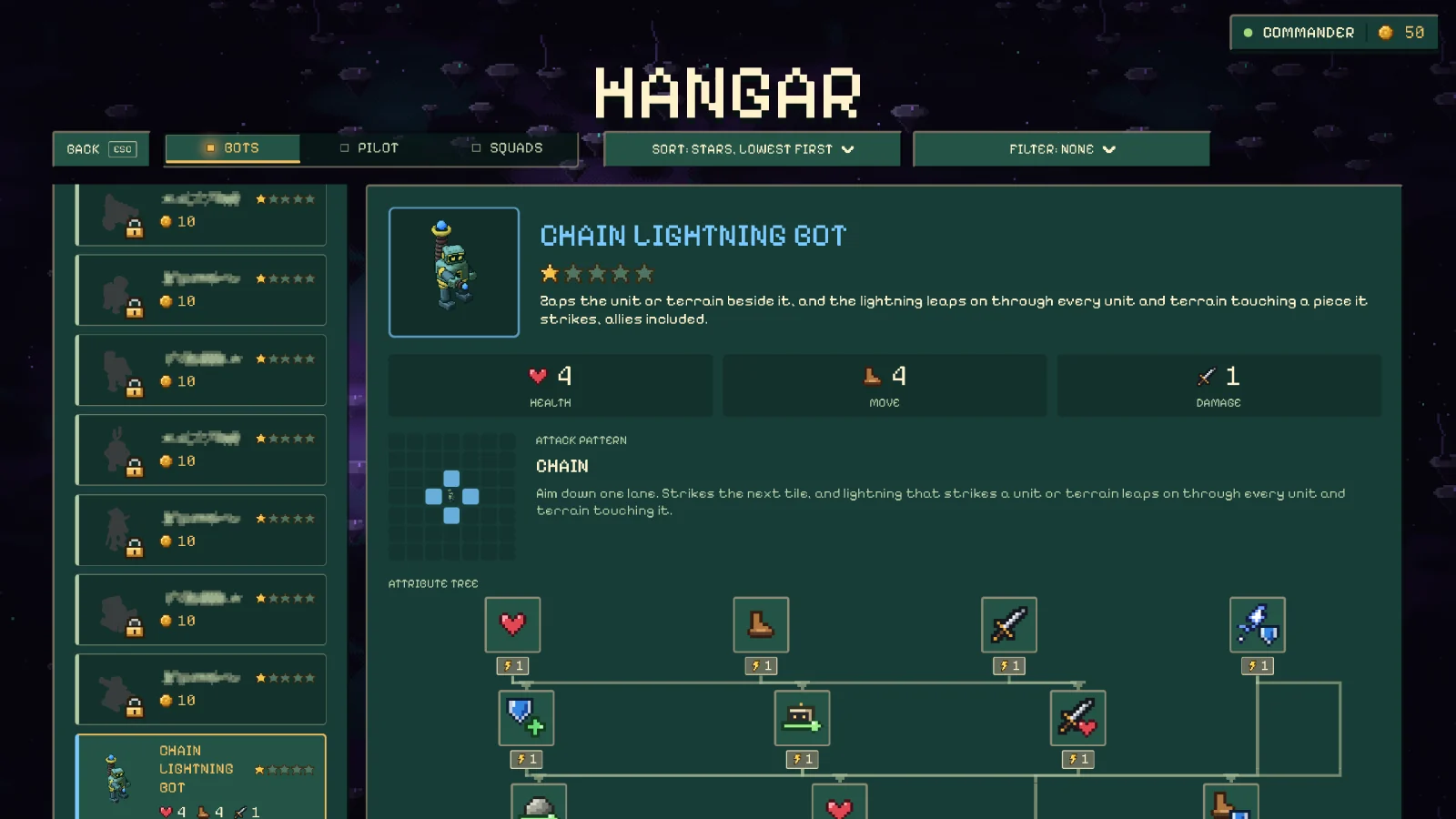 The hangar's squad builder with three Punch Bots picked, beside the Punch Bot's stats and attack pattern.